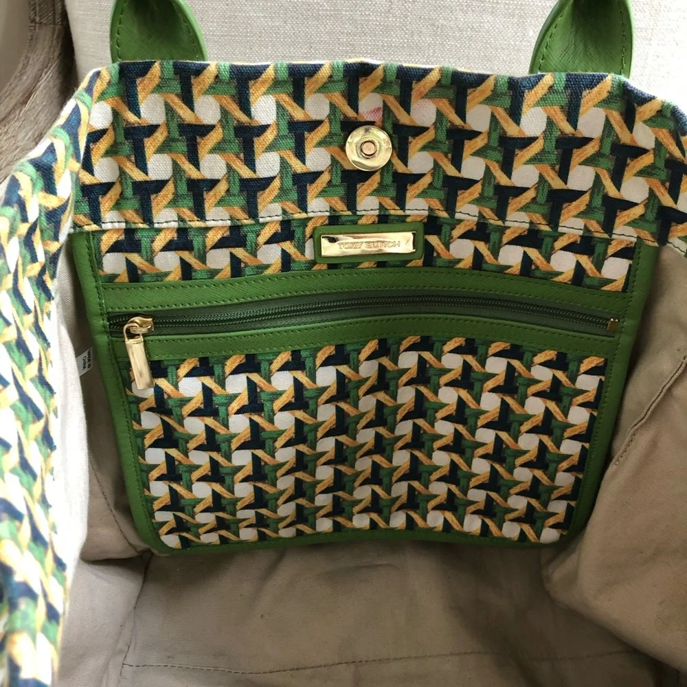 Tory Burch Tote Carryall Green Canvas Print Katie